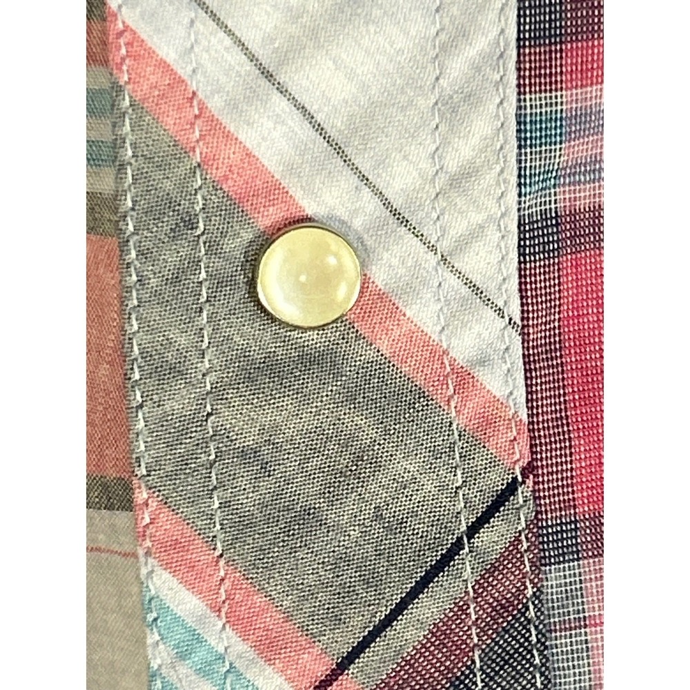 Wrangler Cowboy Cut Western Shirt Mens 17-35 Grey Pink Plaid Pearl Snap 71125AA - Picture 7 of 10